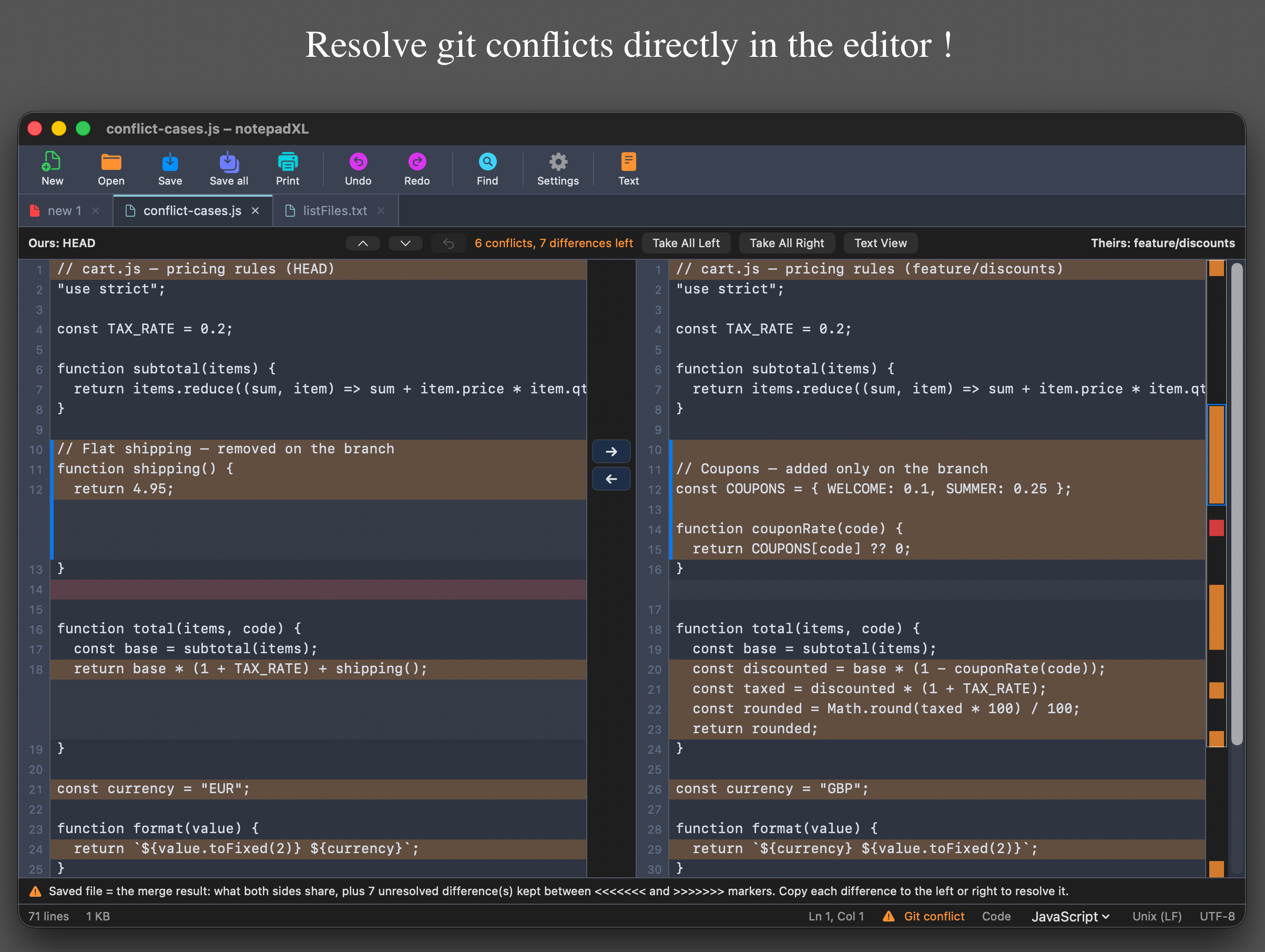 The merge view: HEAD on the left, the feature branch on the right, with arrows to copy a block to either side.