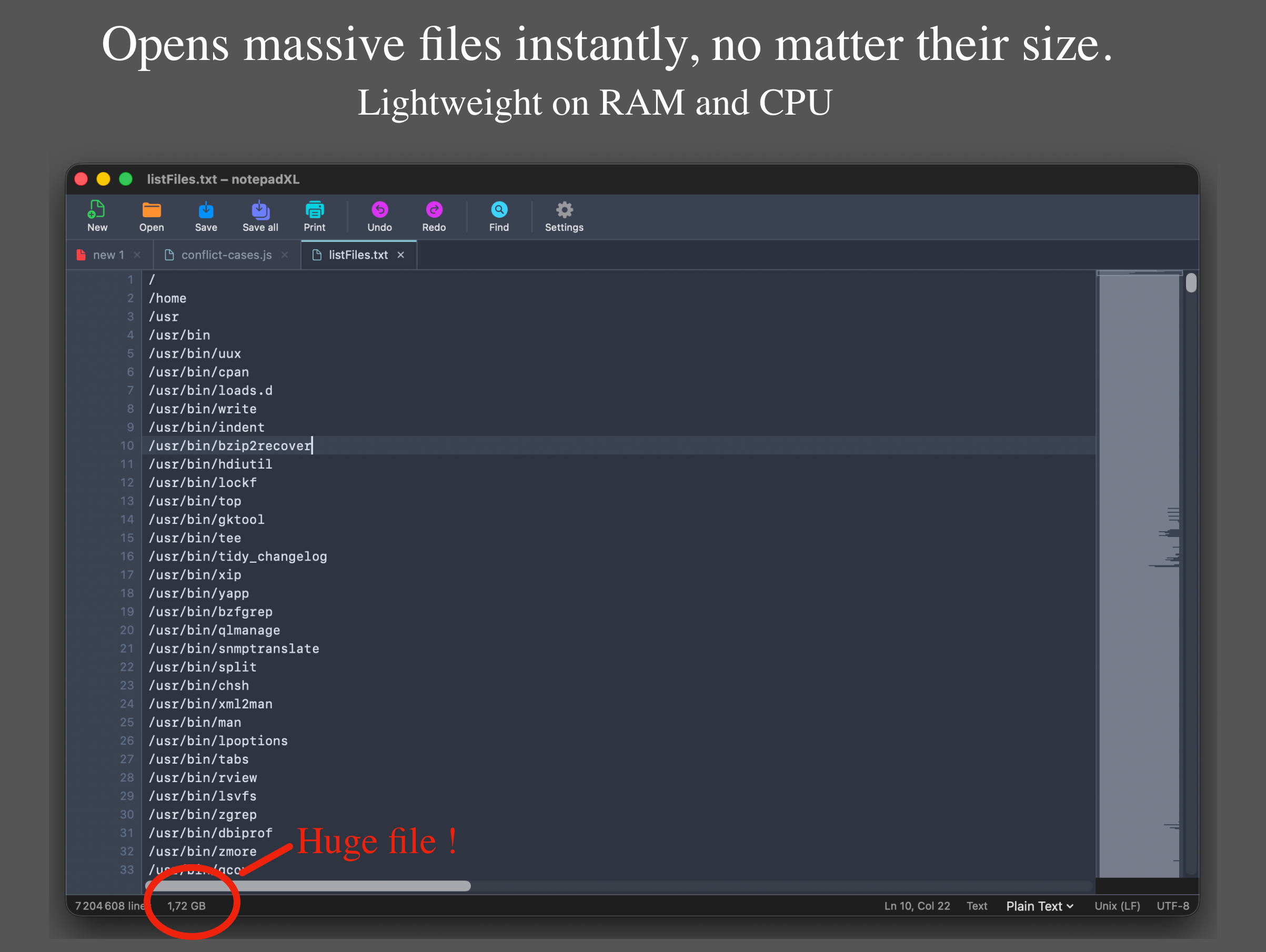 notepadXL showing a 1.72 GB file of 7.2 million lines, with the file overview on the right.