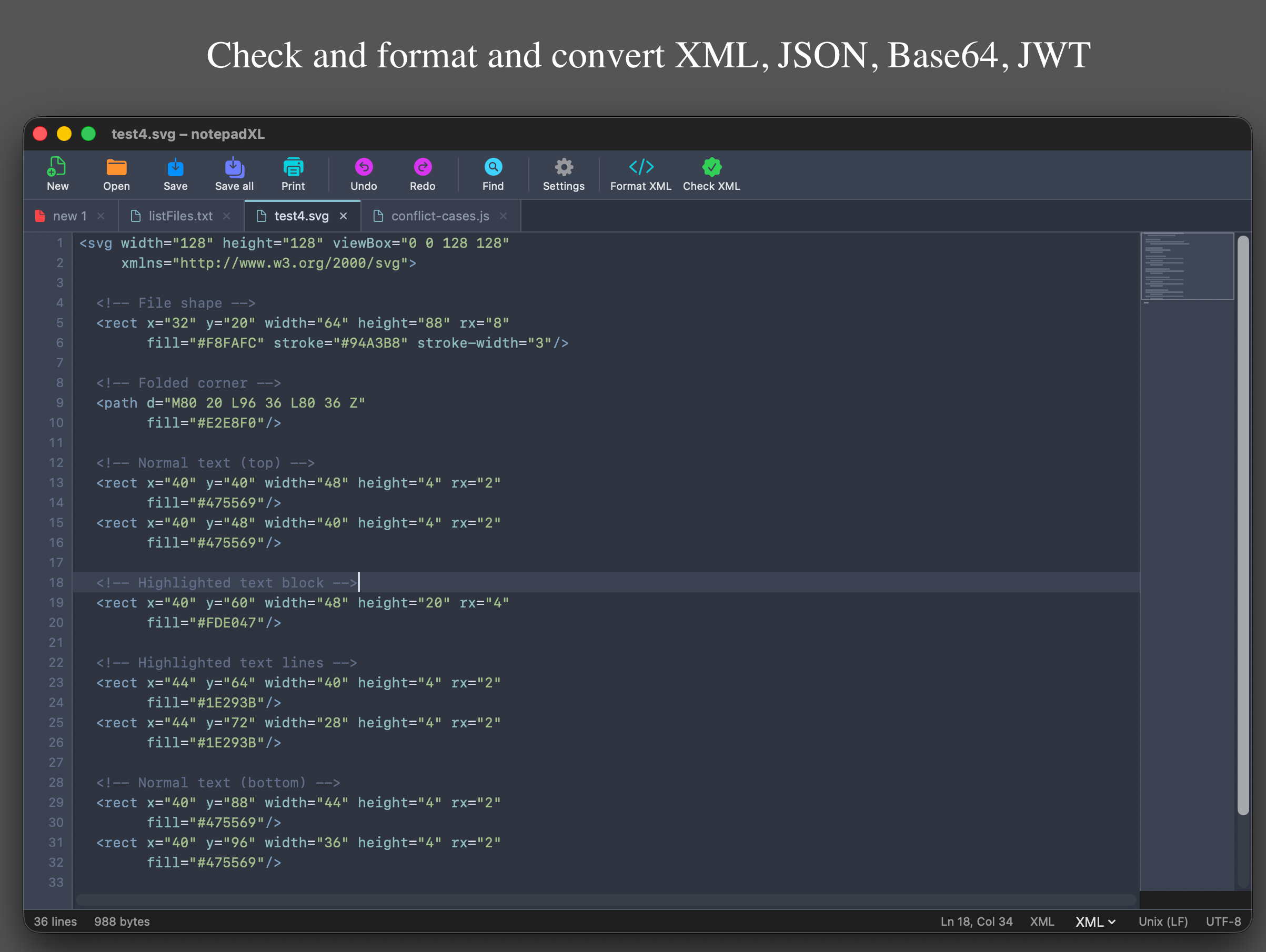 An SVG file in notepadXL with the Format XML and Check XML buttons in the toolbar.