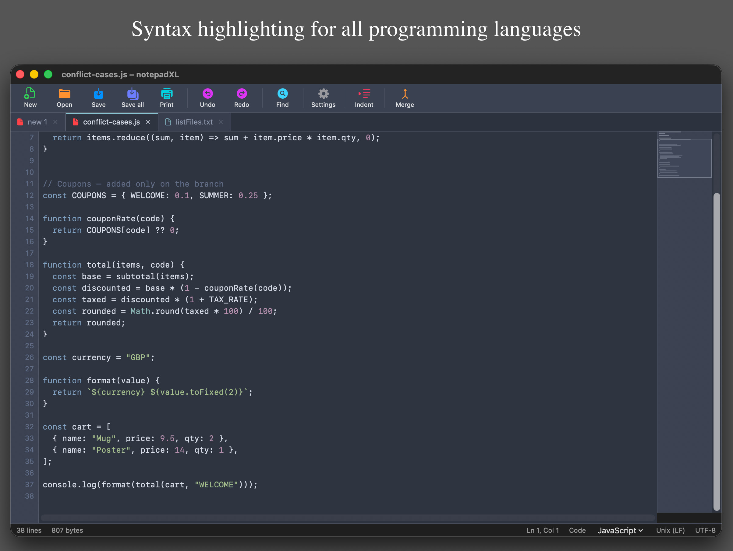 A JavaScript file with syntax highlighting in a dark theme.