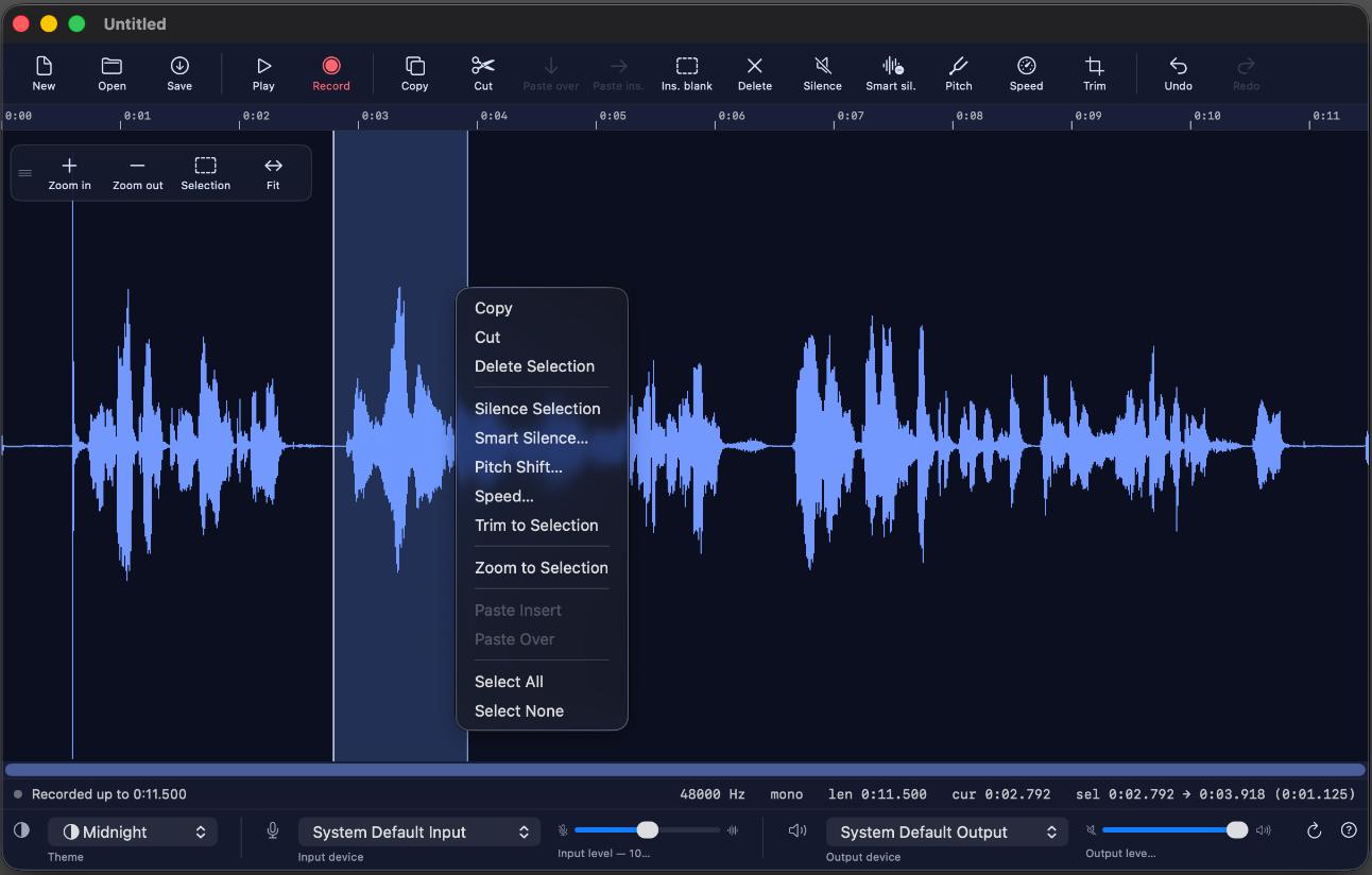 WavNerd editing a recording: toolbar across the top, waveform with a selection, the floating zoom controls, and the right-click menu open.